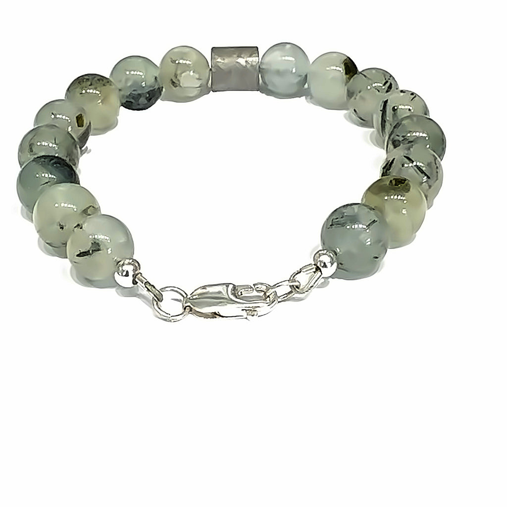 Iron Meteorite & Prehnite Bracelet on white center back view