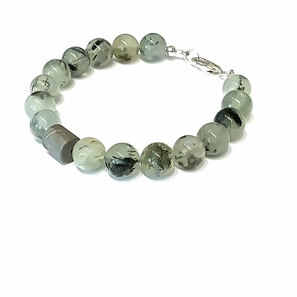 Iron Meteorite & Prehnite Bracelet on white center front angle  view