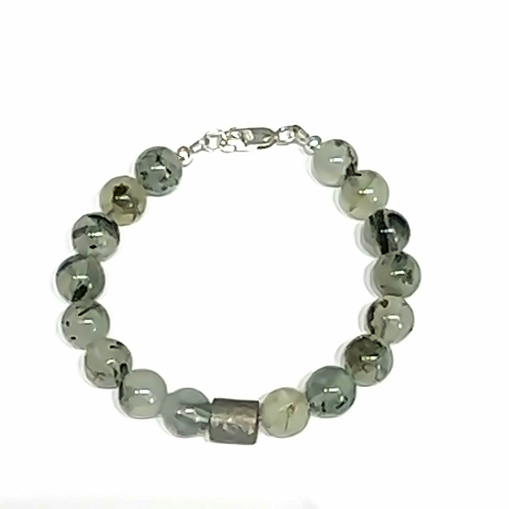 Iron Meteorite & Prehnite Bracelet on white center front overview