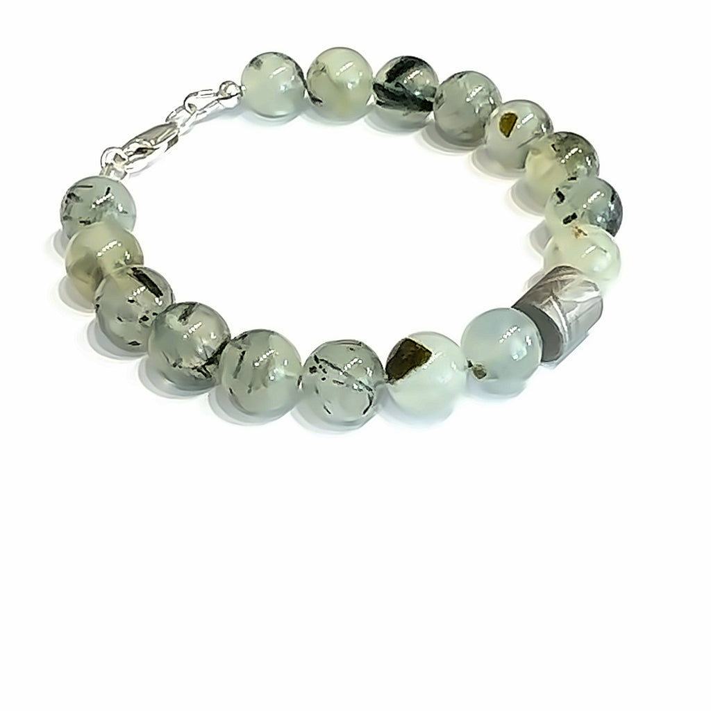 Iron Meteorite & Prehnite Bracelet on white center left angle  view