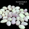 Kunzite Grade A stones on a black background with weight indication (0-5g), front view.