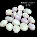 Kunzite Grade A stones on a black background with weight indication (6-10g), front view.