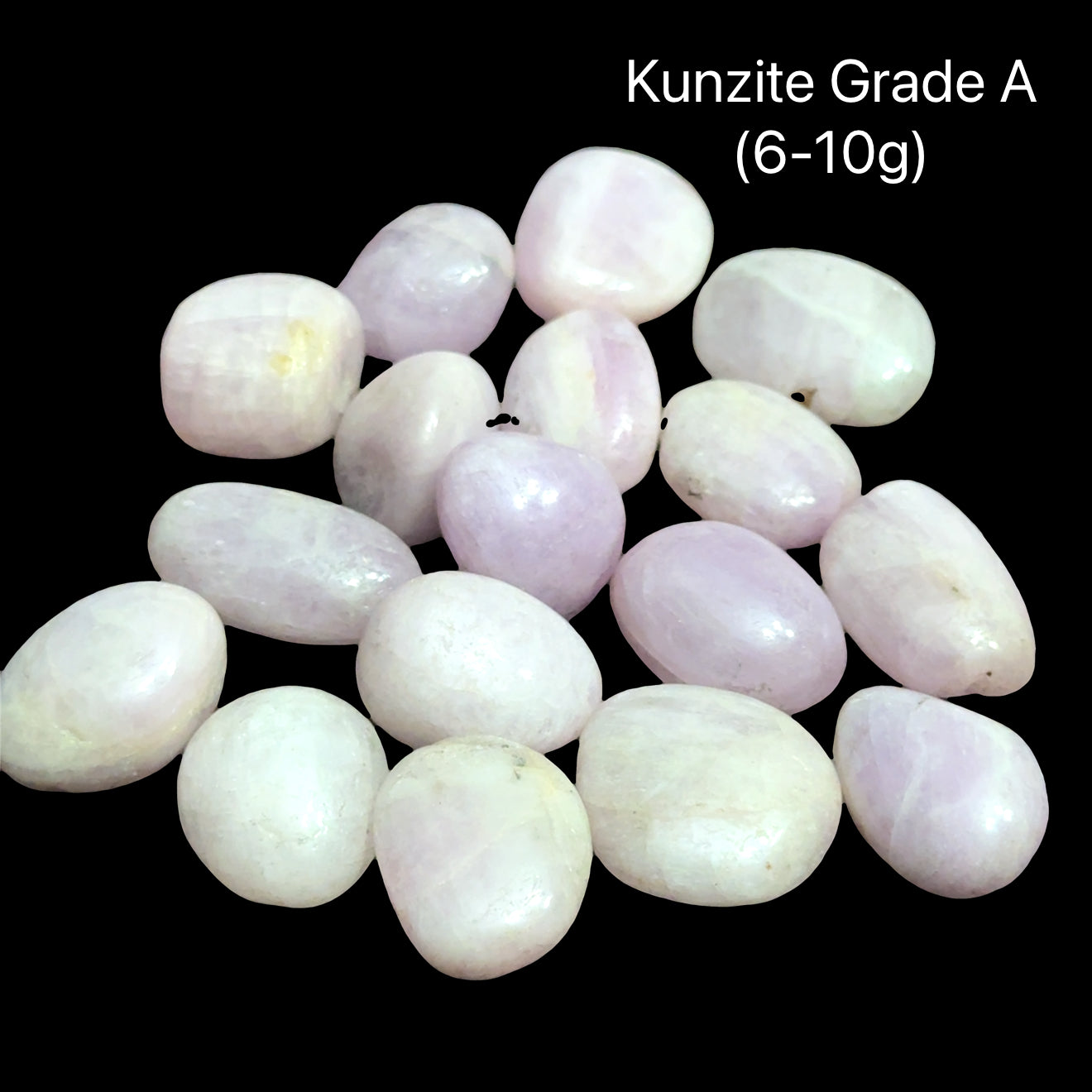 Kunzite Grade A stones on a black background with weight indication (6-10g), front view.