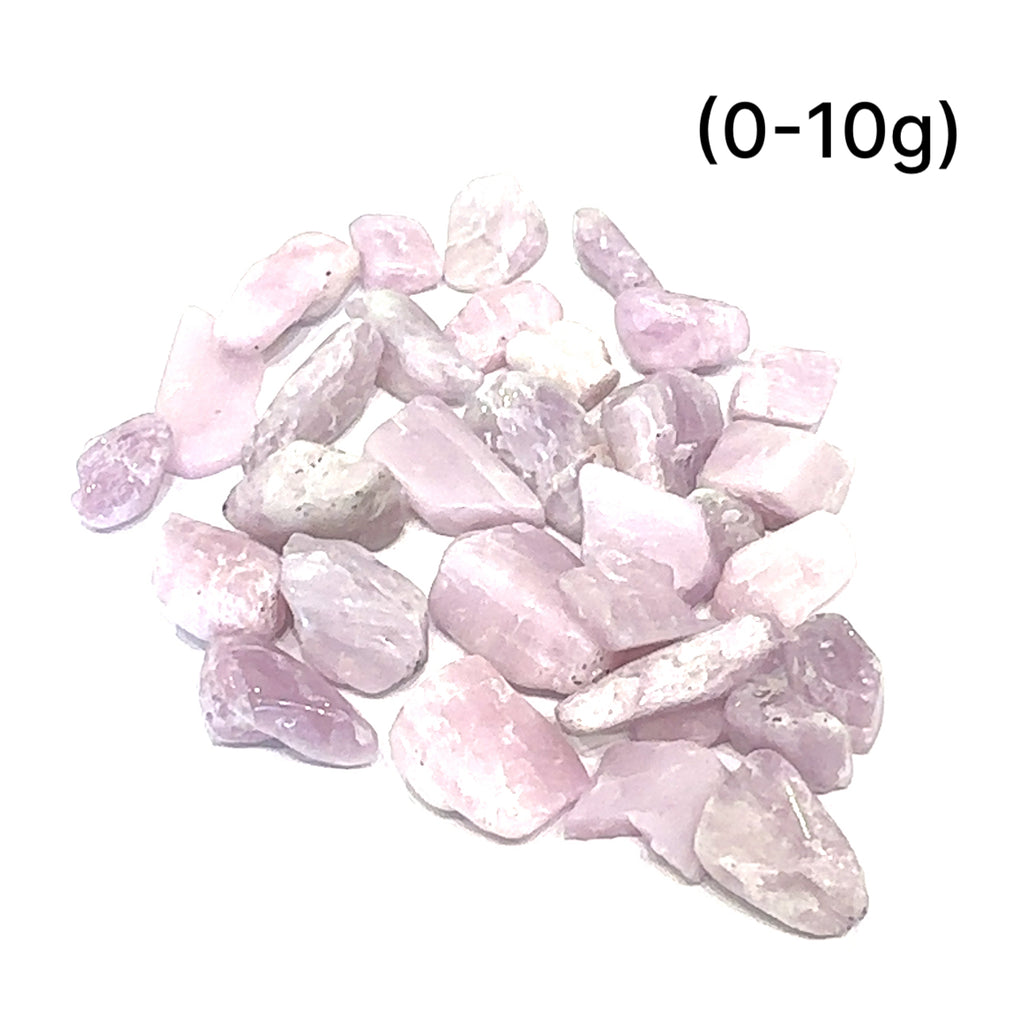 Kunzite Semi-Tumbled Gemstone grouping of (0-10g) on white overview