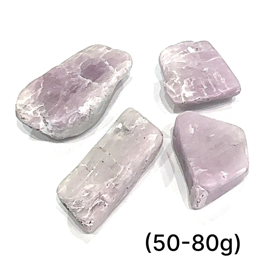 Kunzite Semi-Tumbled Gemstone grouping of (50-80g) on white overview
