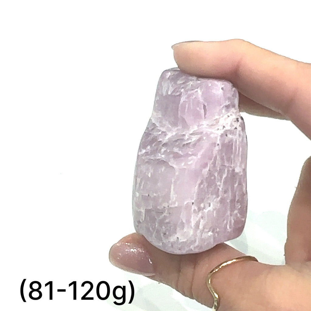 Kunzite Semi-Tumbled Gemstone grouping of (81-120g) on white overview