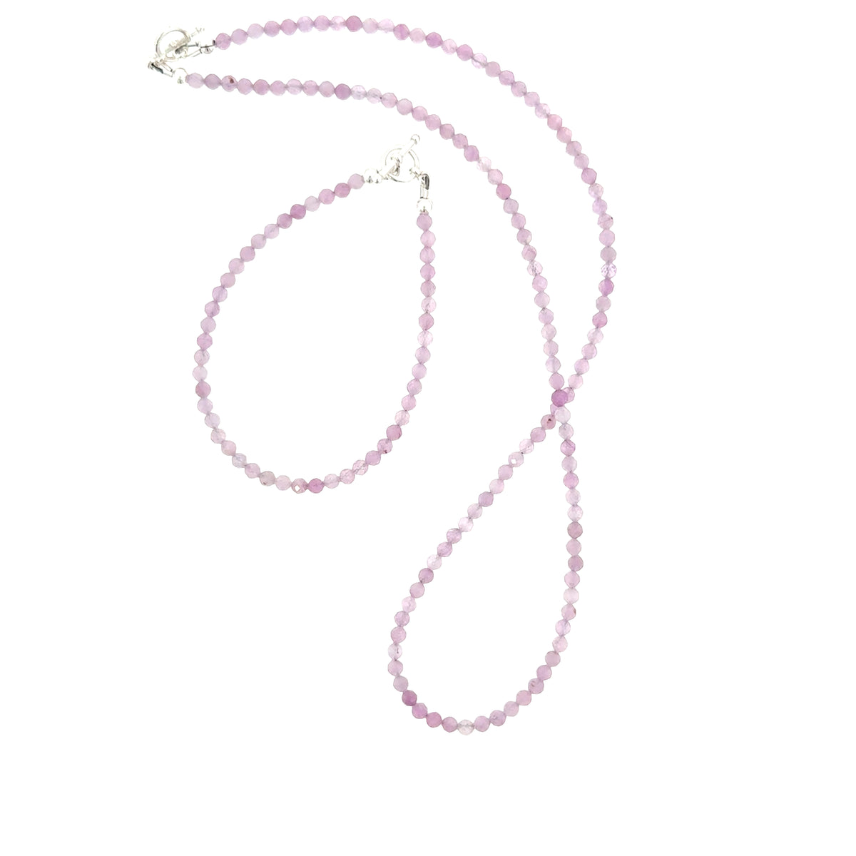 Kunzite micro-faceted bead necklace draped at collarbone paired with matching kunzite bracelets, handmade spiritual jewelry Hidden Jewel of the South End Boston