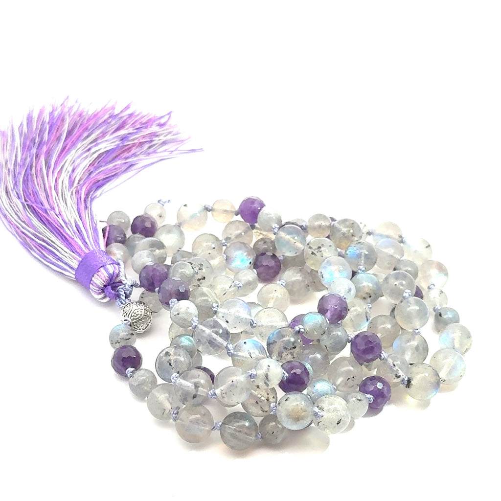 Labradorite, Amethyst Mala Necklace on white back right side view