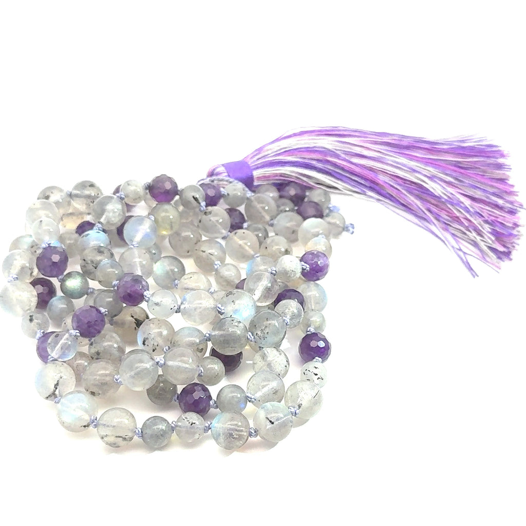 Labradorite, Amethyst Mala Necklace on white back side view