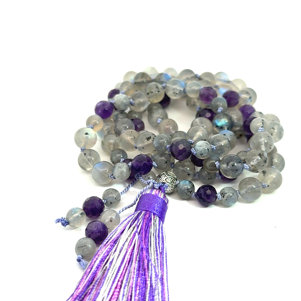 Labradorite, Amethyst Mala Necklace on white front center side view