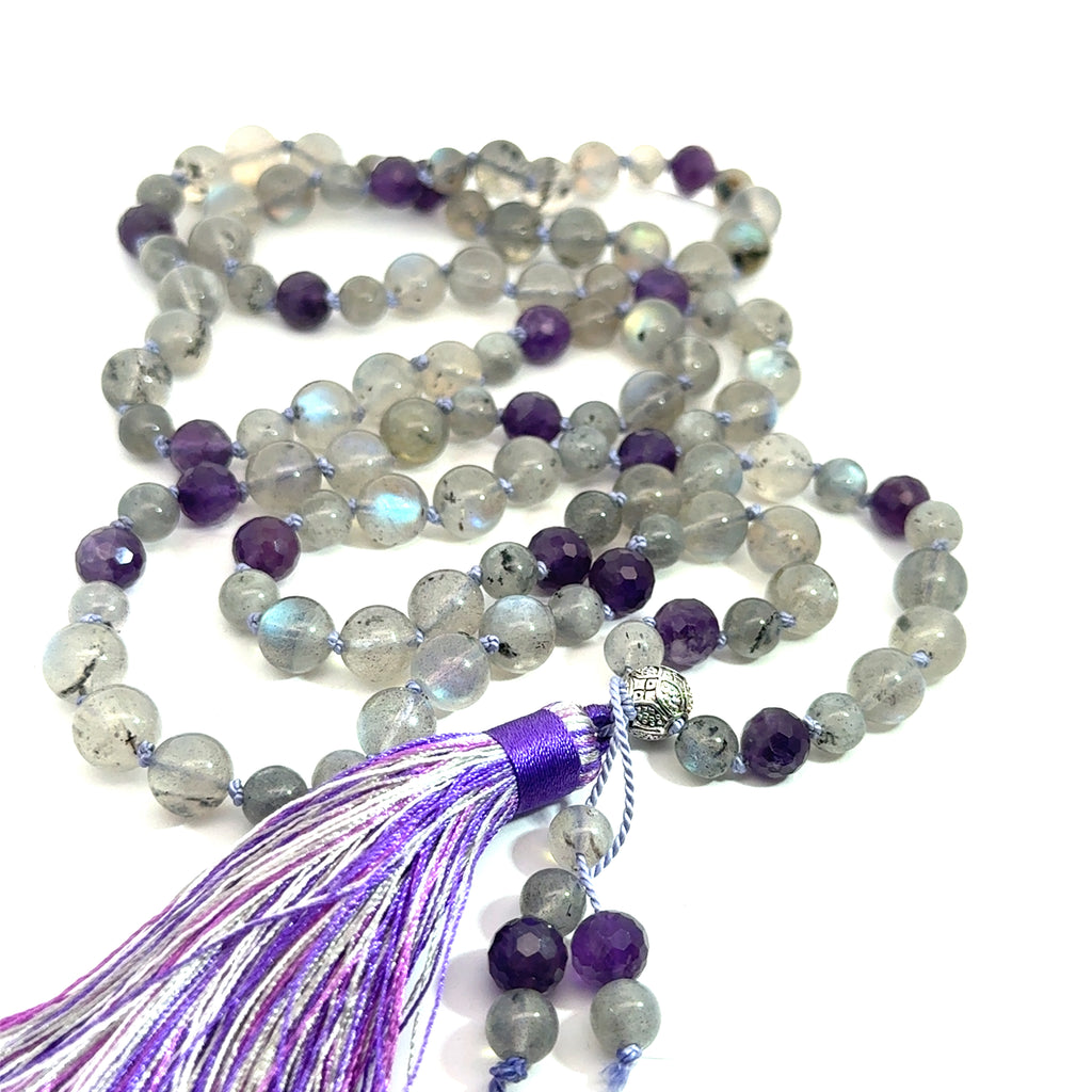 Labradorite, Amethyst Mala Necklace on white front over view