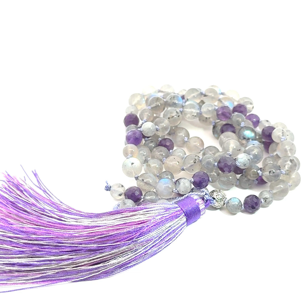 Labradorite, Amethyst Mala Necklace on white front right side view