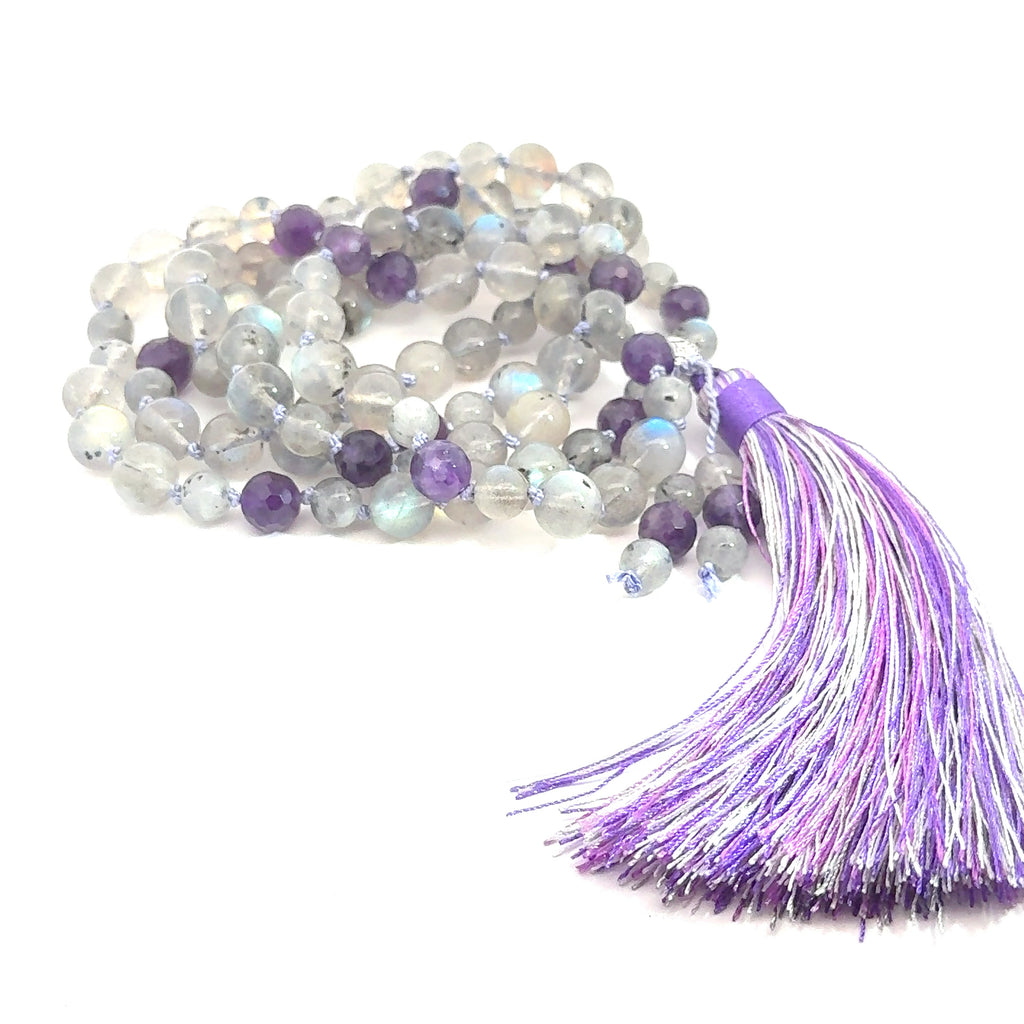 Labradorite, Amethyst Mala Necklace on white right side view