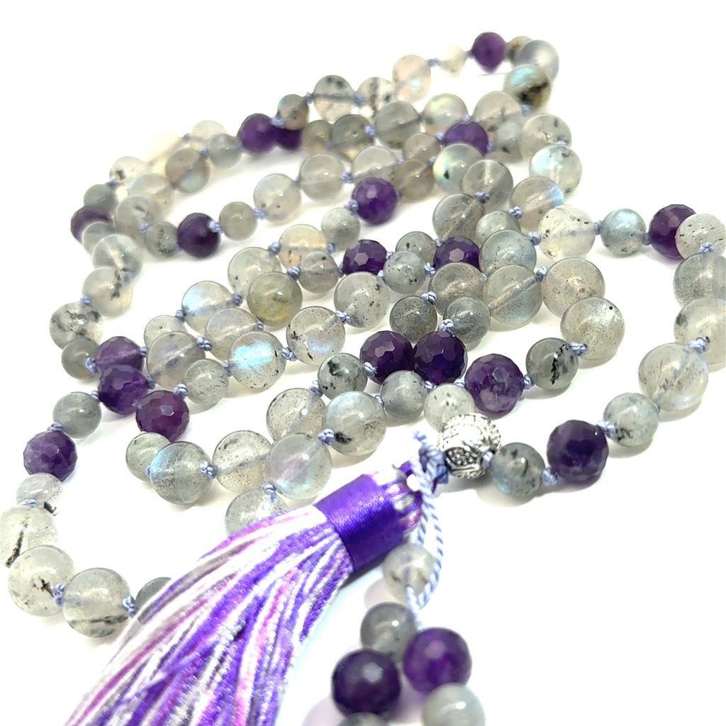 Labradorite, Amethyst Mala Necklace on white  up close center view