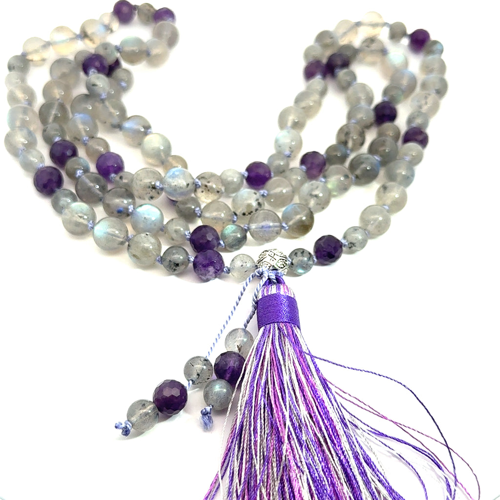 Labradorite, Amethyst Mala Necklace on white  up front center side view