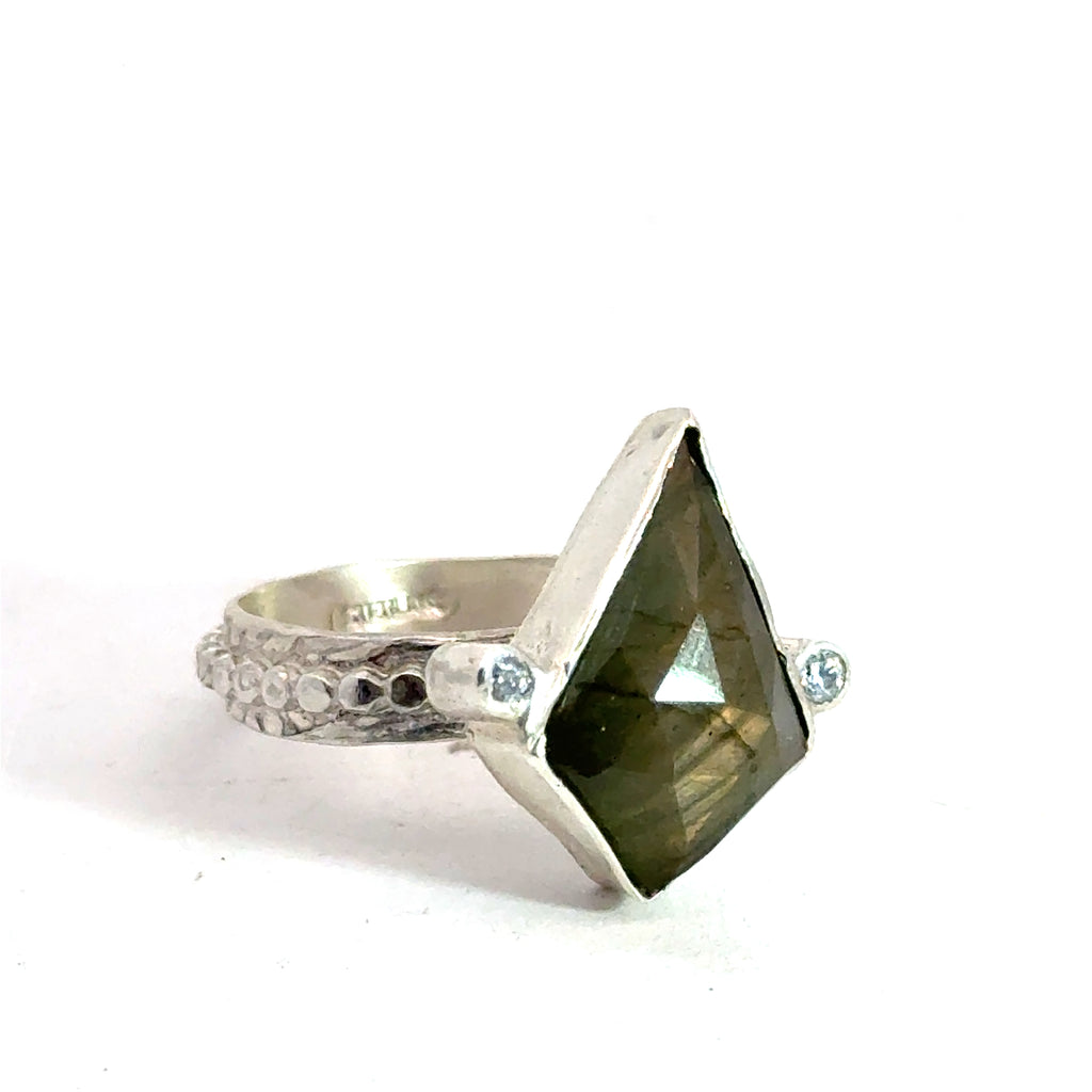 Labradorite Gemstone Ring on white center angled close up front view