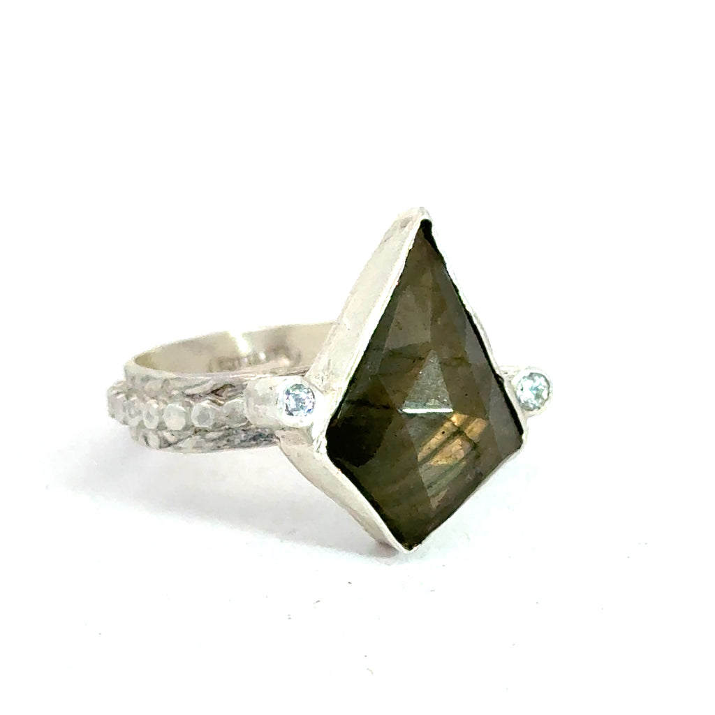 Labradorite Gemstone Ring on white center close up angle view