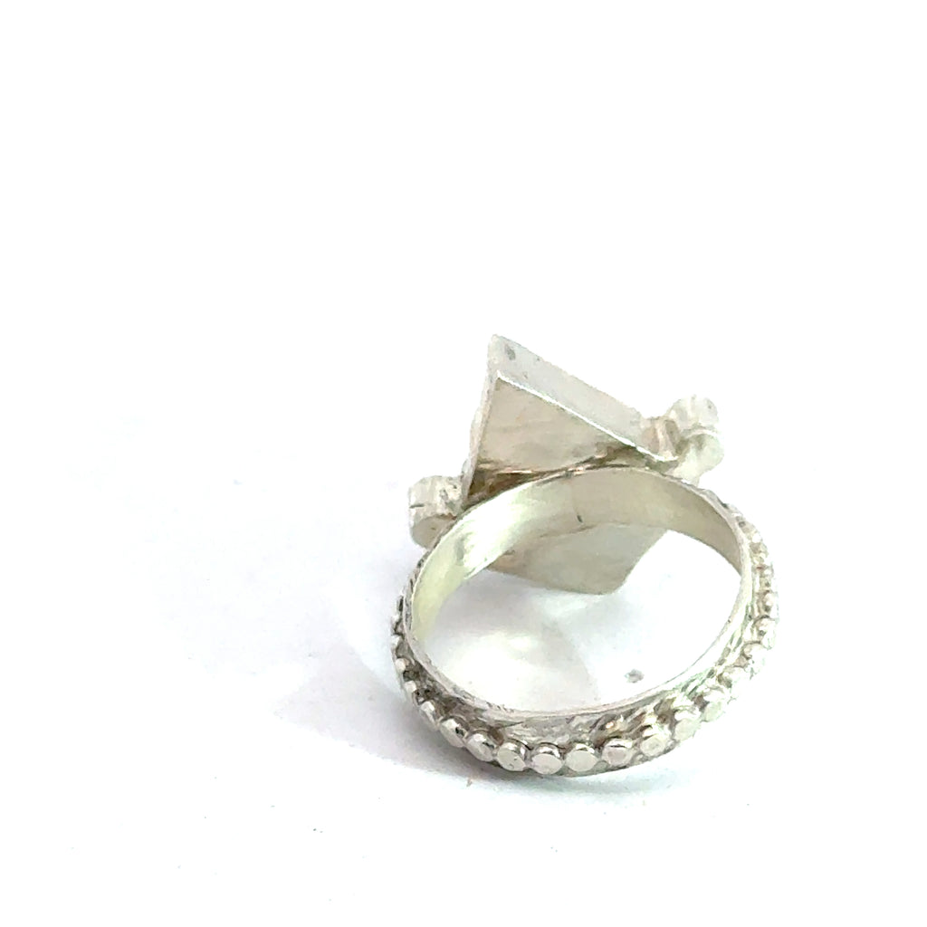 Labradorite Gemstone Ring on white center close up back view