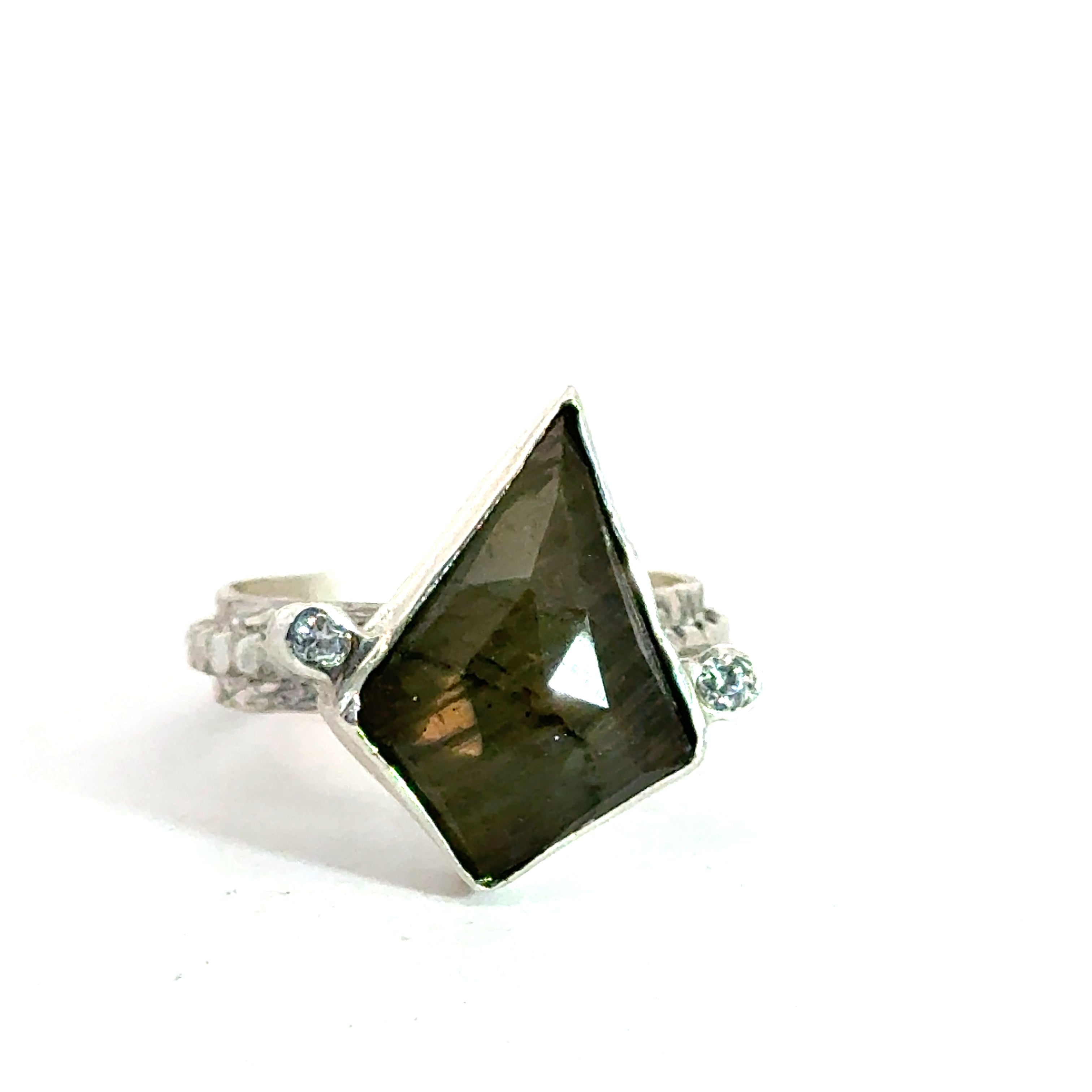 Labradorite Gemstone Ring on white center close up front view