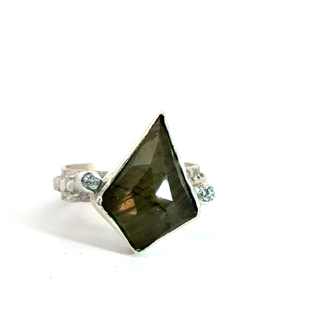 Labradorite Gemstone Ring on white center close up front view