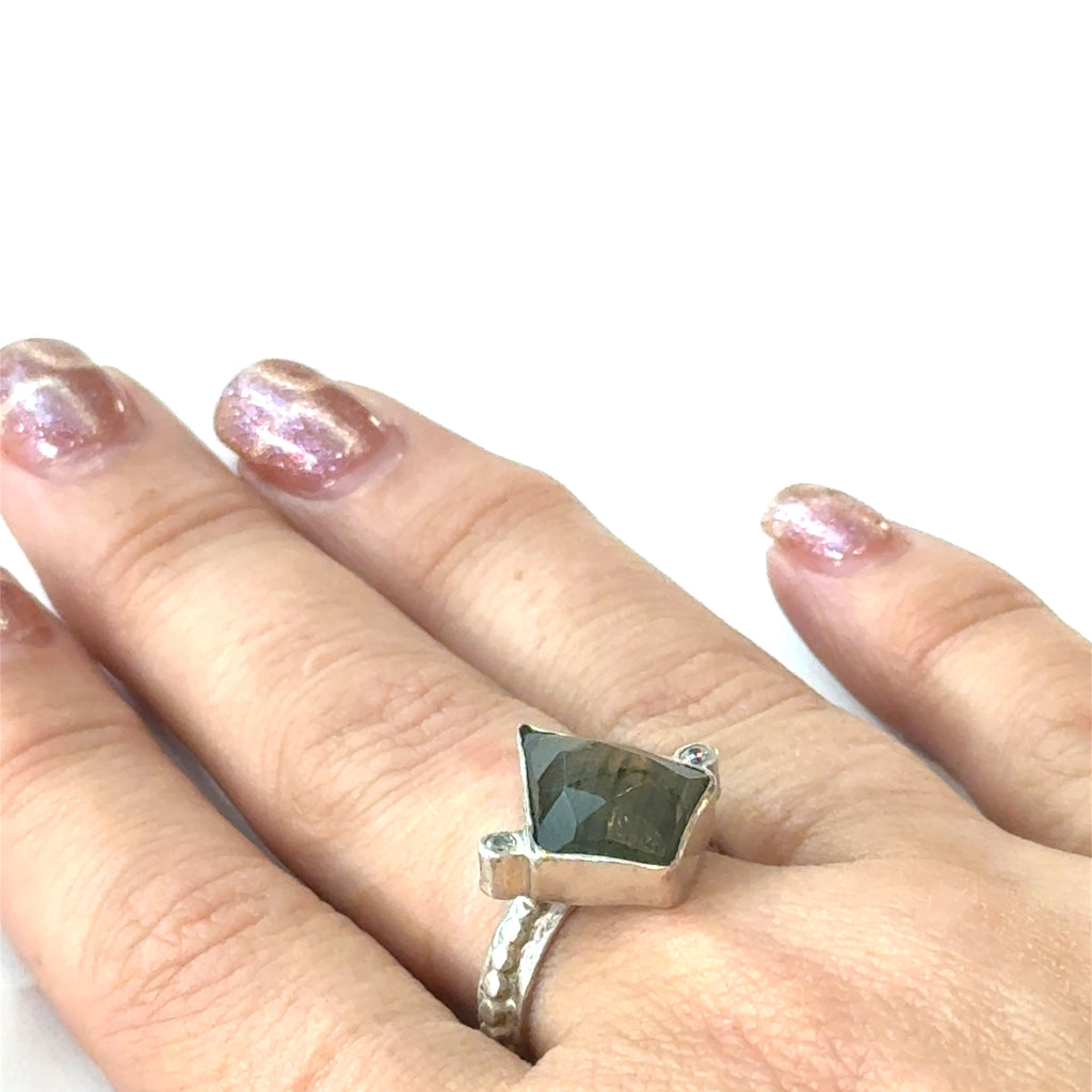 Labradorite Gemstone Ring on white on ring finger overview