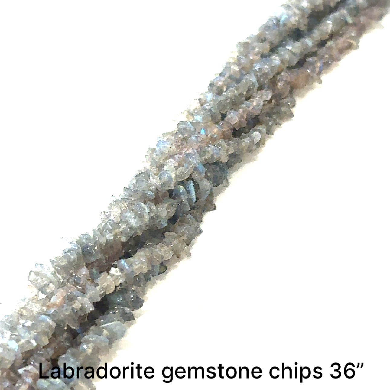  Labradorite chips beads on a white background, front overview.