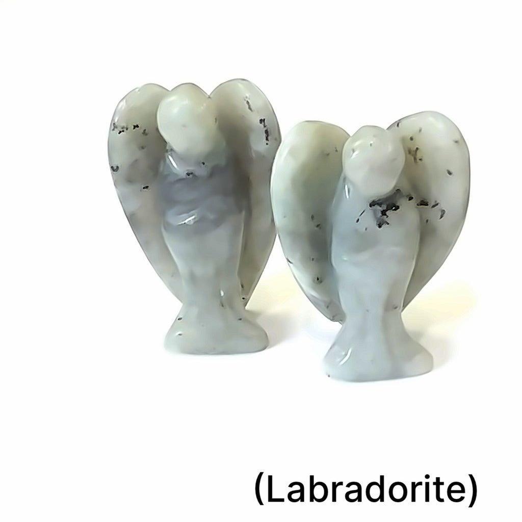 Labradorite gemstone angel figurine for ritual work and spiritual transformation on white front view