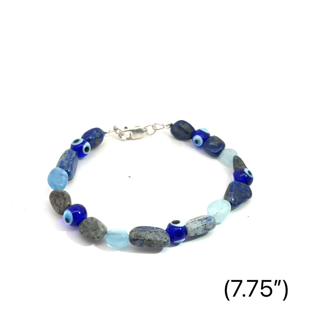 Lapis Lazuli, Aquamarine, Labradorite Gemstone with evil eye Bracelet size 7.75 on white front view