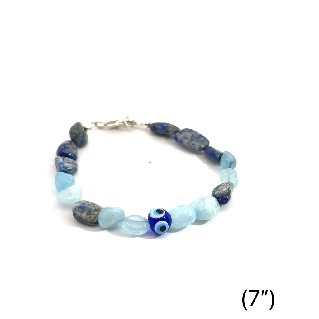 Lapis Lazuli, Aquamarine, Labradorite Gemstone with evil eye Bracelet size 7 on white front view