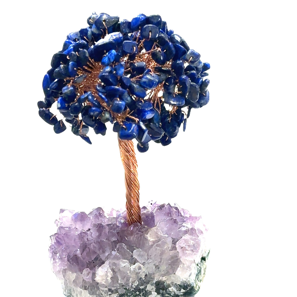 Lapis Lazuli Gemstone tree placed on an altar for home décor and energy healing. On a white background, front view.