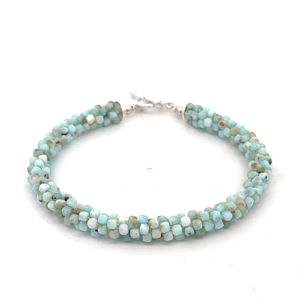 Larimar Gemstone Crocheted Bracelet on white center close up overview 