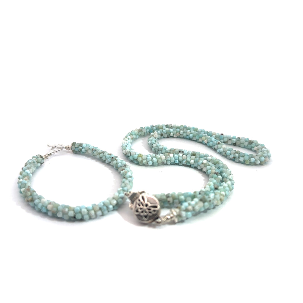 Larimar Gemstone Crocheted Bracelet on white center overview with matching necklace