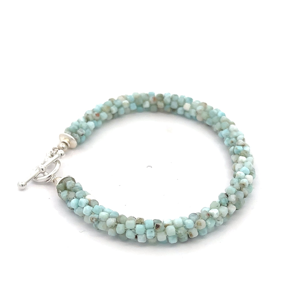 Larimar Gemstone Crocheted Bracelet on white right side overview 