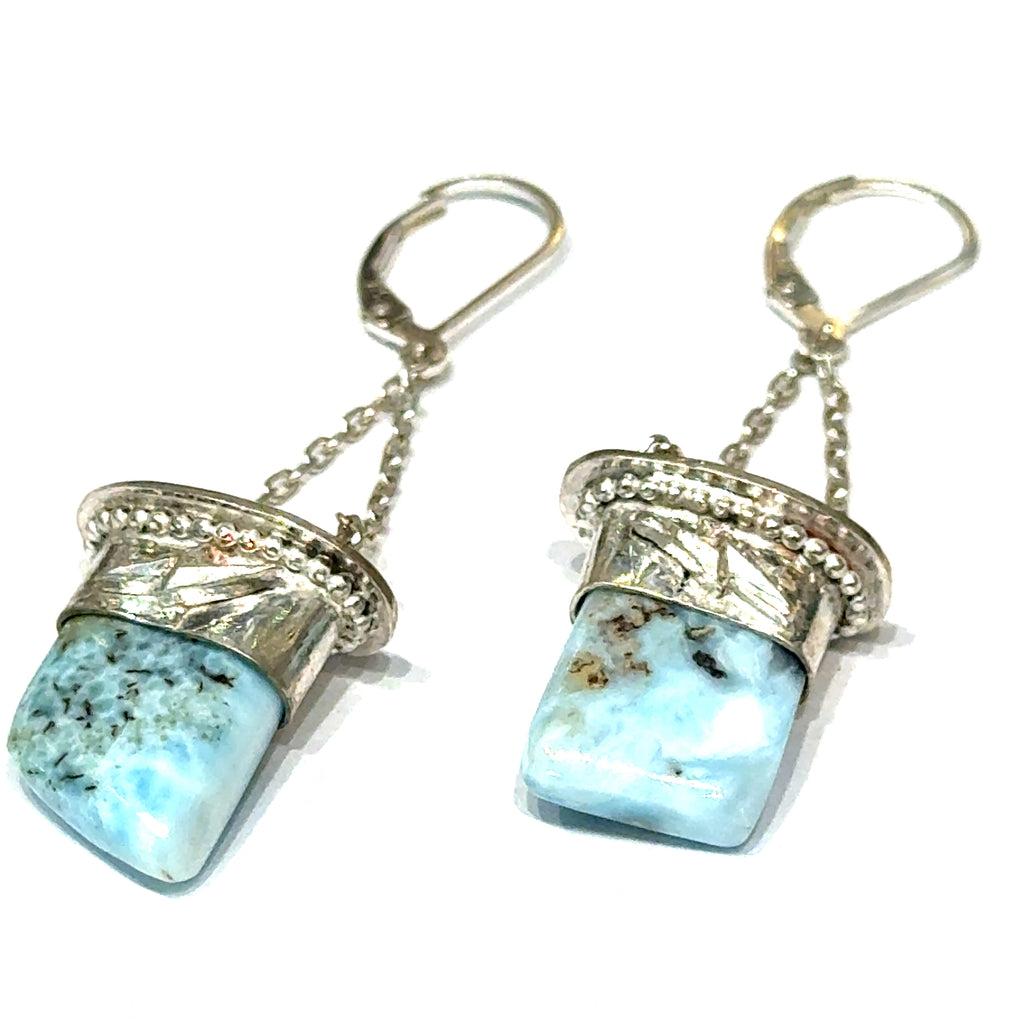 Larimar gemstone dangle earrings with lightning bolt sterling silver caps — handcrafted in Boston on a white background center front overview. 