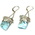 Larimar gemstone dangle earrings with lightning bolt sterling silver caps — handcrafted in Boston on a white background center front overview. 