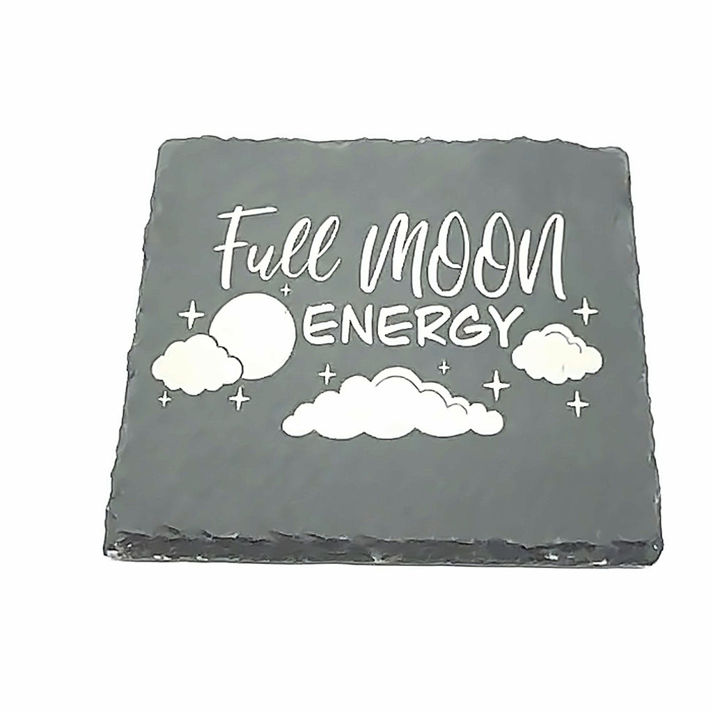 Laser Engraved Slate Coaster- Full moon energy on white front view