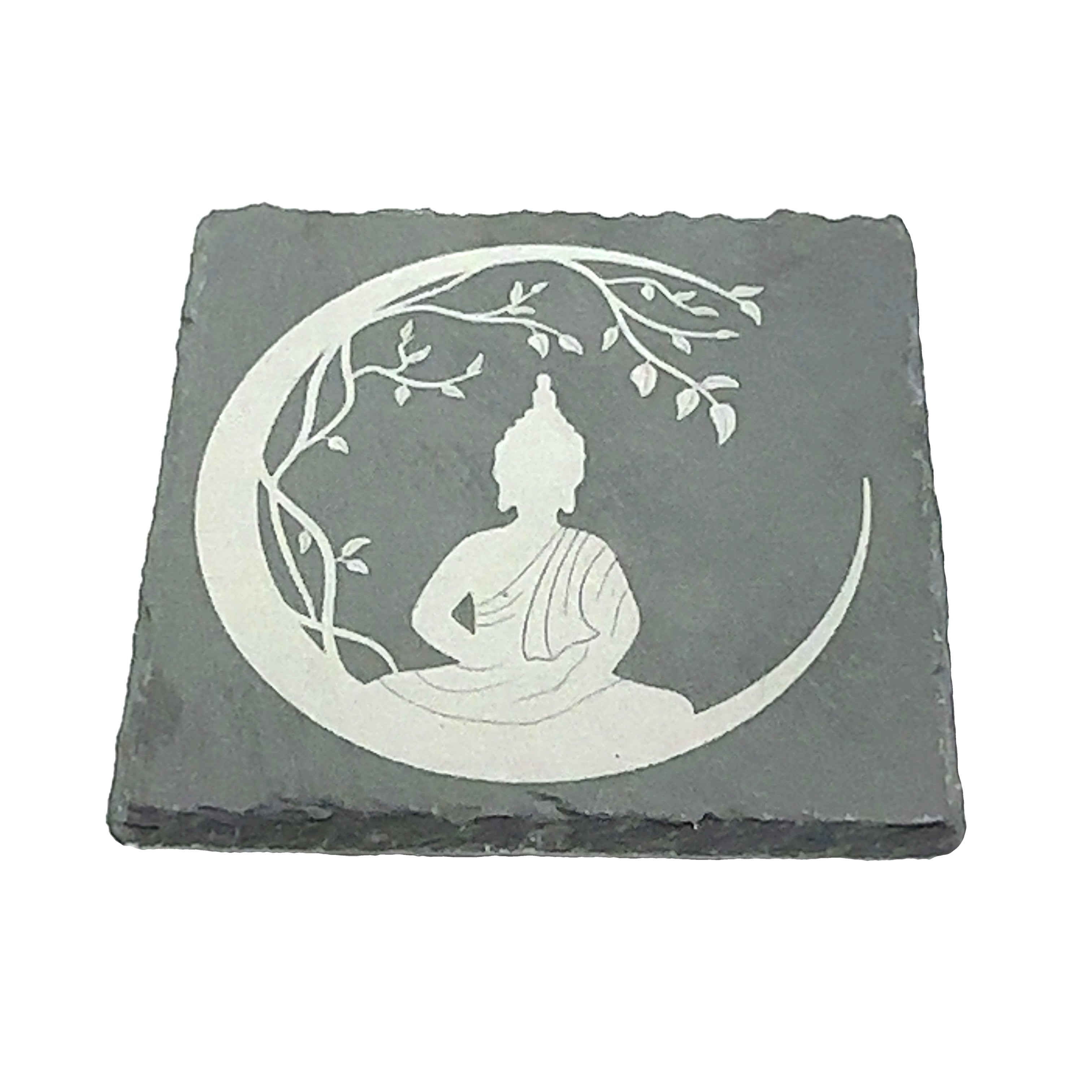 Laser Engraved Slate Coaster- Moon and Buddha on white front view