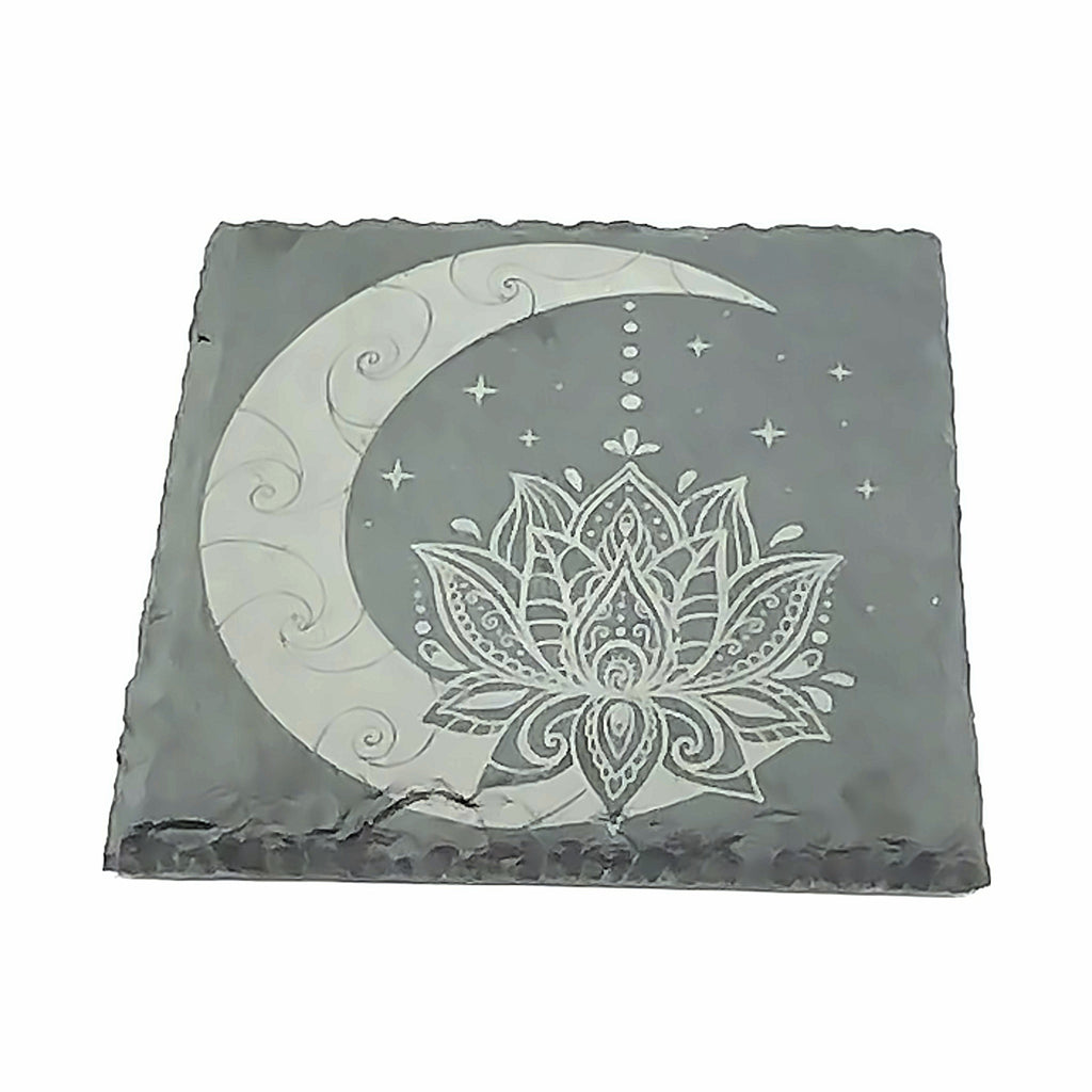 Laser Engraved Slate Coaster- moon, lotus, and stars on white front view