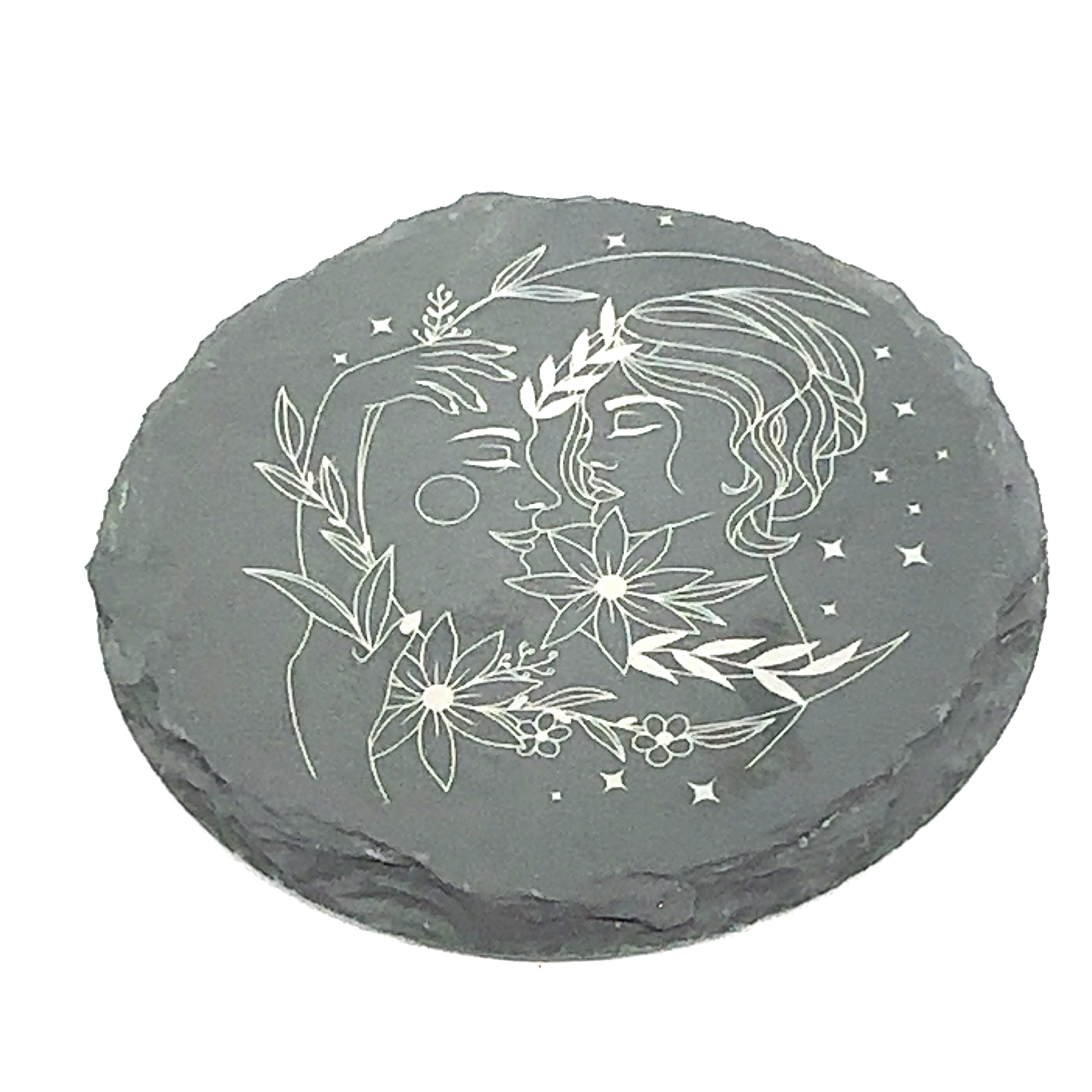 Laser Engraved Slate Coaster-  on white circle couple with flowers front view
