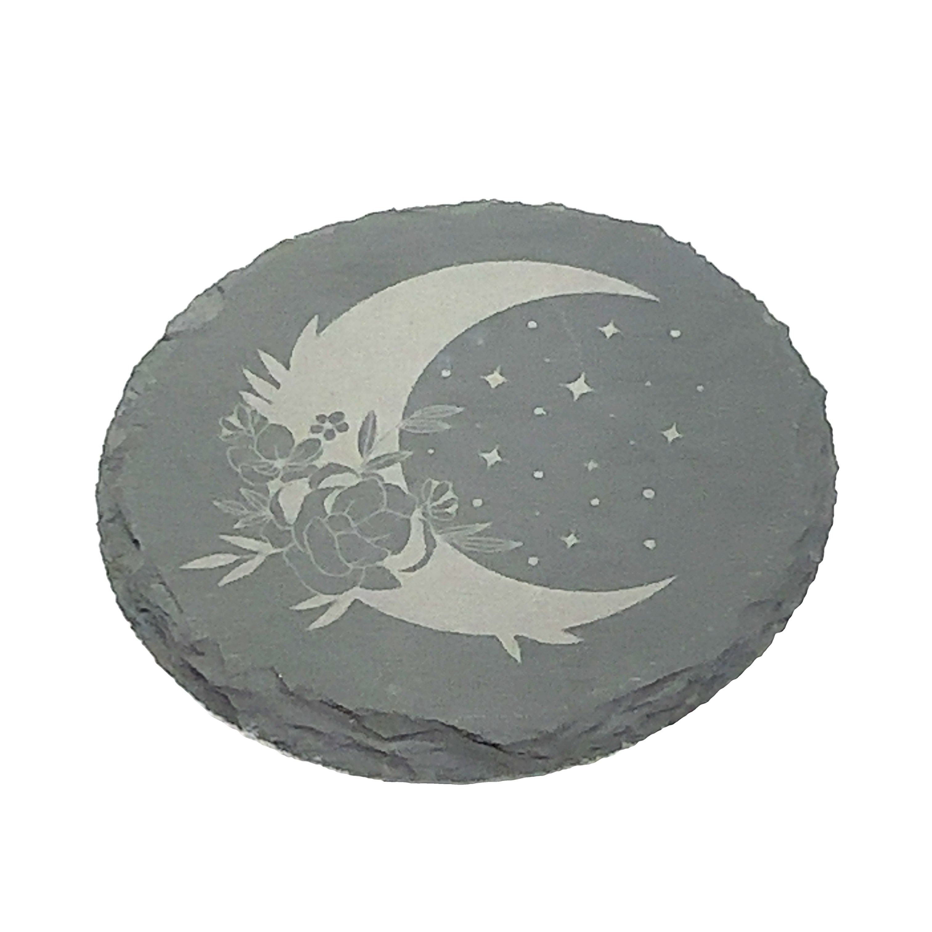 Laser Engraved Slate Coaster-  on white circle moon and flower front view