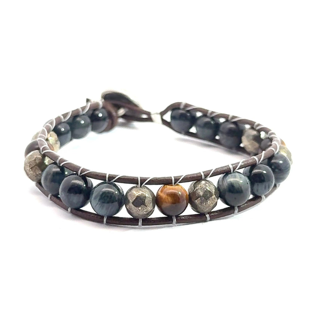 Leather Wrap Bracelet with Pyrite, Blue Tiger Eye & Golden Tiger Eye  on white center front view 