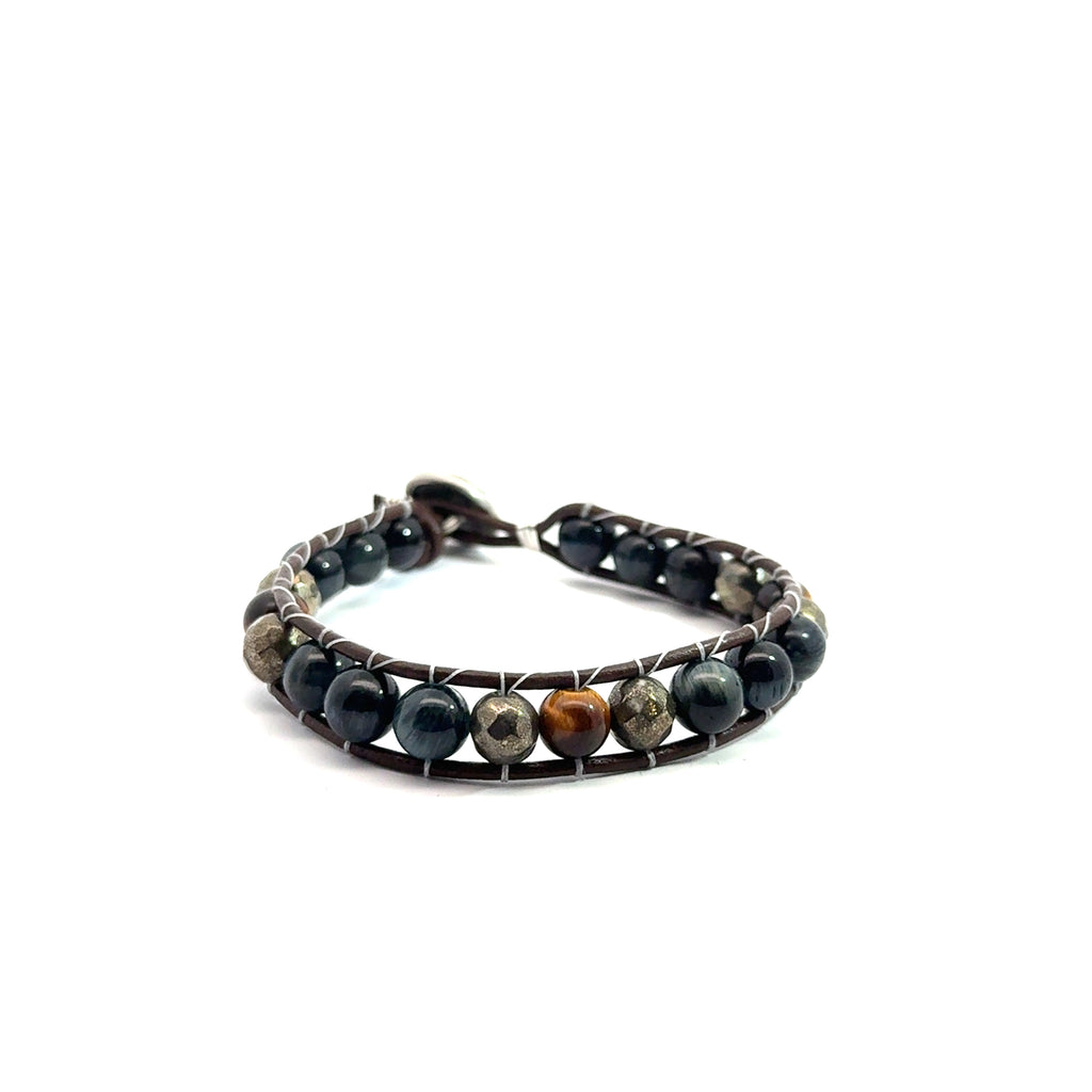 Leather Wrap Bracelet with Pyrite, Blue Tiger Eye & Golden Tiger Eye  on white front view 