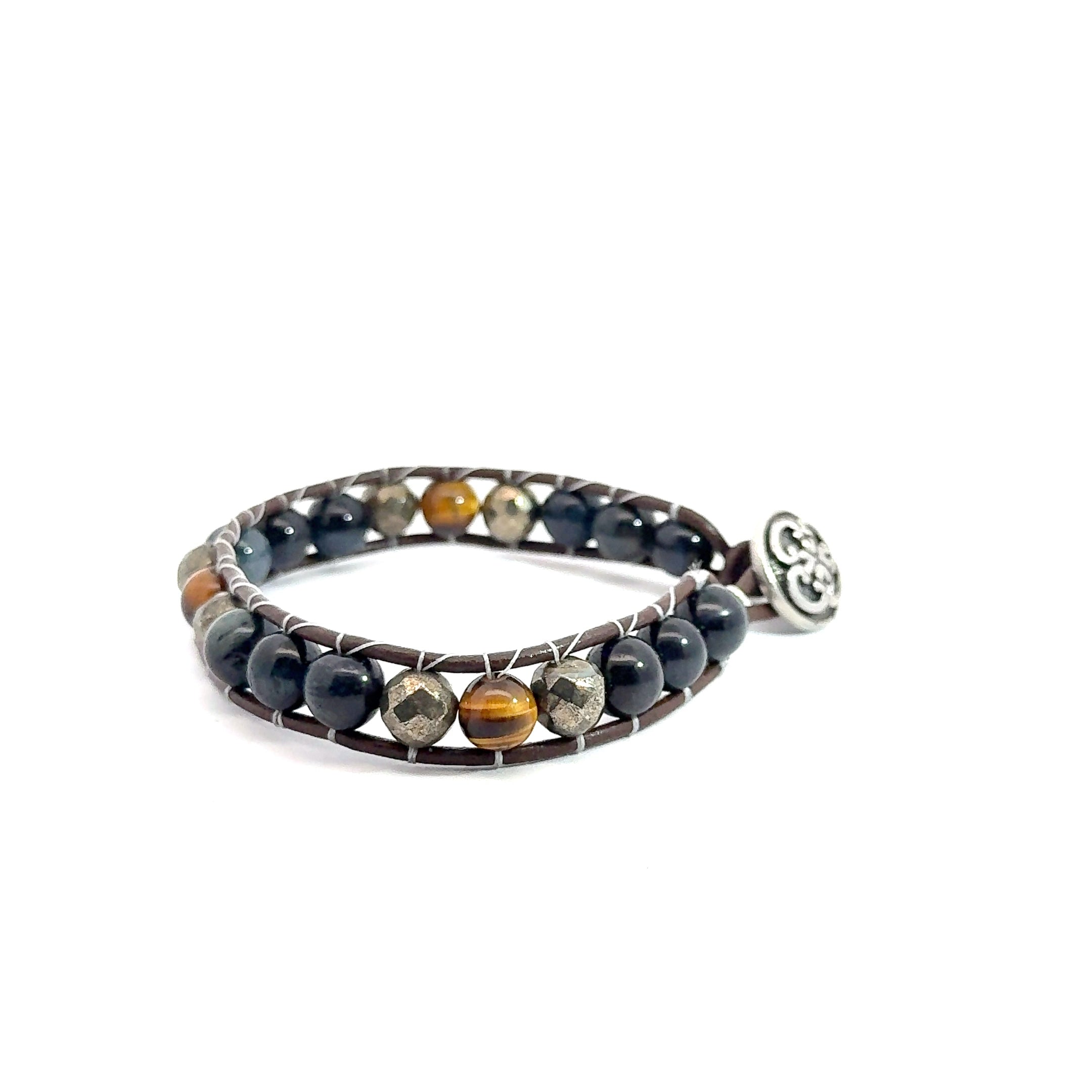 Leather Wrap Bracelet with Pyrite, Blue Tiger Eye & Golden Tiger Eye  on white left side view 