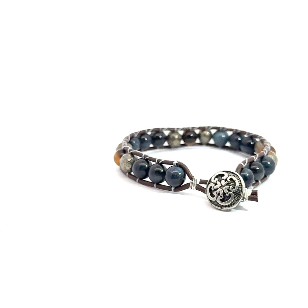 Leather Wrap Bracelet with Pyrite, Blue Tiger Eye & Golden Tiger Eye  on white right angle view 