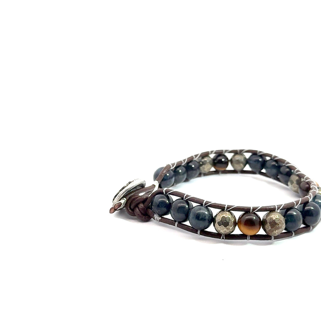 Leather Wrap Bracelet with Pyrite, Blue Tiger Eye & Golden Tiger Eye  on white right side view 