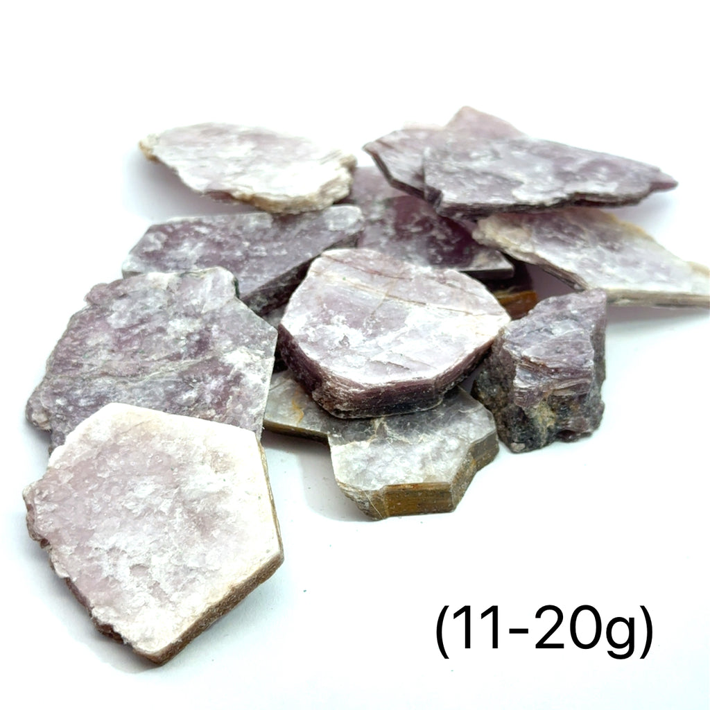 Lepidolite Raw Gemstone “Book” grouping  11-20g on white front view