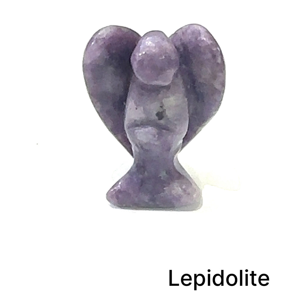 Lepidolite  gemstone angel figurine for stability, peace, and healing on white front view