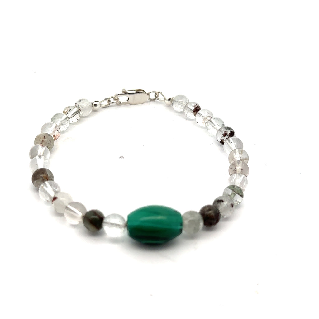 Lodilite (Garden Quartz) Gemstone Beaded Bracelet on white bracelets with malachite center overview