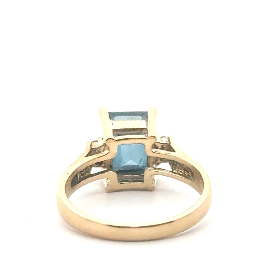 London Blue Topaz & Diamond 14k Gold Ring on white back side 