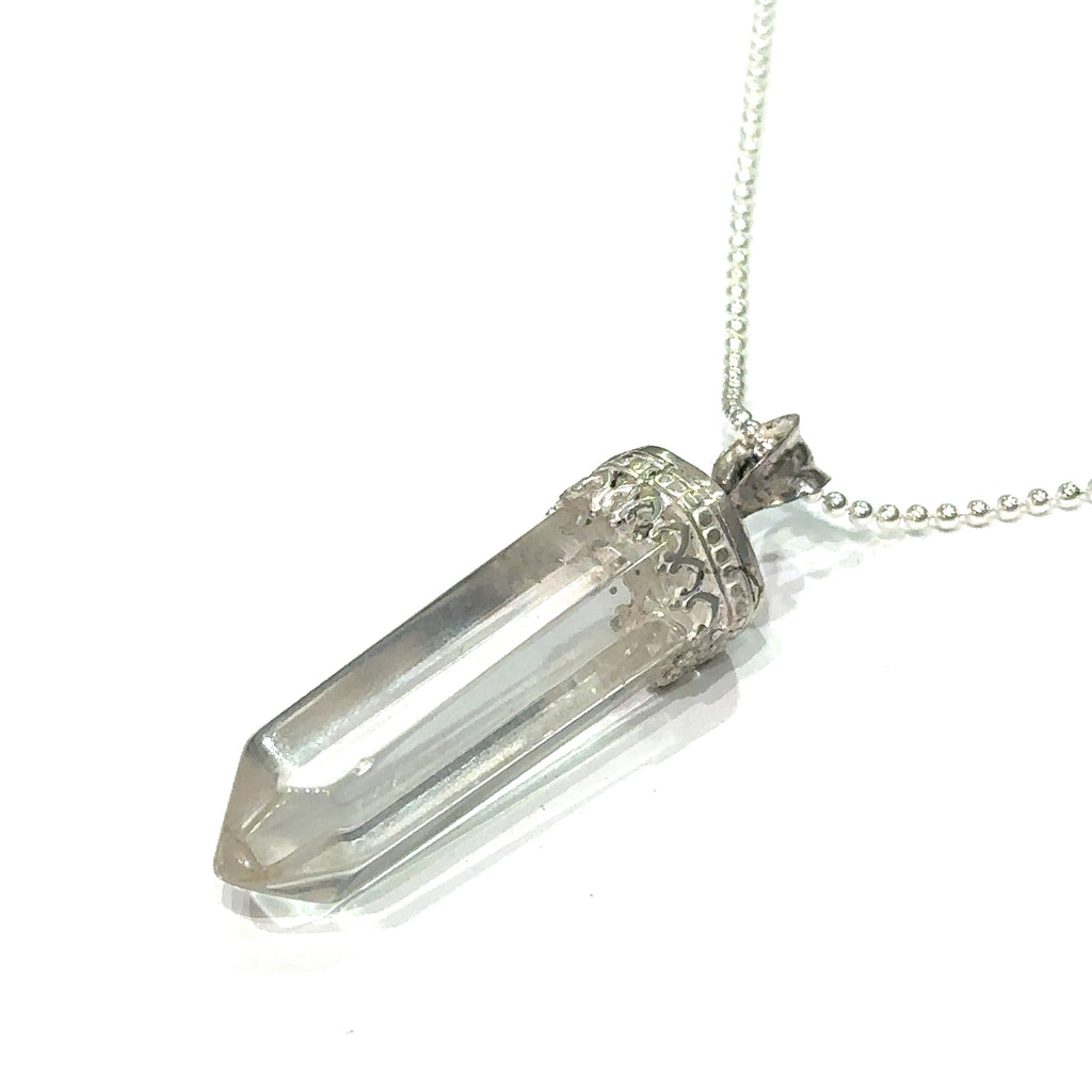 "Master Healer Clear Quartz necklace for clarity and awareness" on white long angle overview
